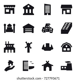 16 vector icon set : shop, library, skyscraper, minaret, garage, modern architecture, brick, factory, windmill, building helmet, house, real estate, hotel, bungalow