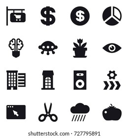 16 vector icon set : shop signboard, dollar, diagram, bulb brain, ufo, flower, houses, building, speaker, scissors, rain cloud, tomato