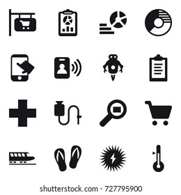 16 vector icon set : shop signboard, report, diagram, circle diagram, touch, pass card, jet robot, clipboard, train, flip-flops, thermometer