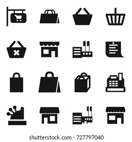 16 vector icon set : shop signboard, shopping bag, basket, delete cart, shop, store, shopping list, cashbox, mall