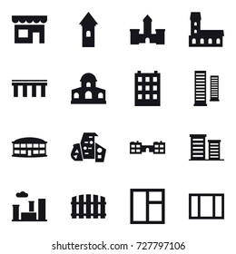 16 vector icon set : shop, tower, castle, mansion, bridge, building, skyscrapers, airport building, modern architecture, school, district, city, fence, window