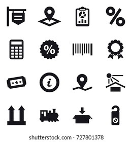 16 vector icon set : shop signboard, pointer, report, percent, calculator, barcode, medal, ticket, info, train, package, do not distrub