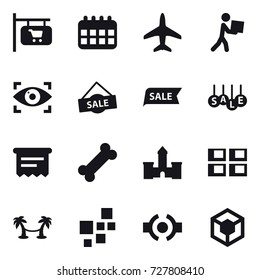 16 vector icon set : shop signboard, calendar, plane, courier, eye identity, sale, atm receipt, castle, panel house, palm hammock