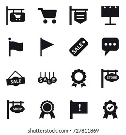 16 vector icon set : shop signboard, cart, billboard, flag, sale, message, medal, store signboard