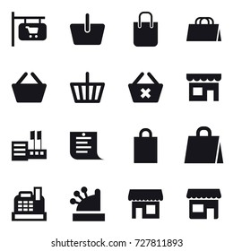 16 vector icon set : shop signboard, basket, shopping bag, delete cart, shop, store, shopping list, cashbox