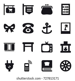 16 vector icon set : shop signboard, purse, abacus, bow, photo, wardrobe, stool, tv, fireplace, wheel