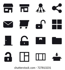 16 vector icon set : shop, share, mail, delivery, unlock, window, door, unlocked, package