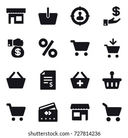 16 vector icon set : shop, basket, target audience, investment, money gift, percent, cart, add to cart, account balance, add to basket, credit card