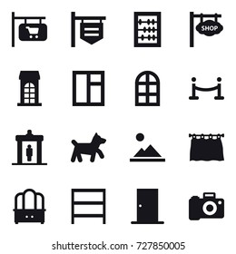 16 vector icon set : shop signboard, abacus, building, window, arch window, vip fence, detector, dog, landscape, curtain, dresser, rack, door