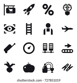 16 vector icon set : shop signboard, rocket, percent, bulb brain, eye identity, stairs, plane, suitcase, barometer, beet, tomato, dish cleanser, clothespin
