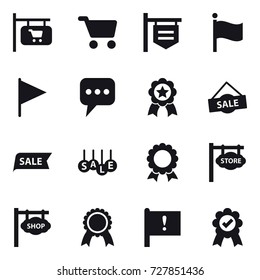 16 vector icon set : shop signboard, cart, flag, message, medal, sale, store signboard