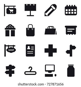 16 vector icon set : shop signboard, billboard, pencil, calendar, gift, shopping bag, atm receipt, signpost, hanger