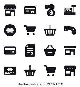 16 vector icon set : shop, card, money gift, cashbox, crypto currency, cart, basket, hand coin, credit card, account balance, remove from basket