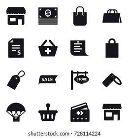 16 vector icon set : shop, money, shopping bag, account balance, add to basket, shopping list, label, sale, store signboard, credit card