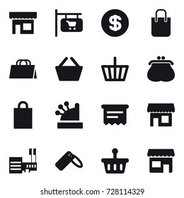 16 vector icon set : shop, shop signboard, dollar, shopping bag, basket, purse, cashbox, atm receipt, mall