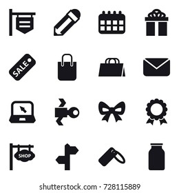16 vector icon set : shop signboard, pencil, calendar, gift, sale, shopping bag, mail, notebook, satellite, bow, medal