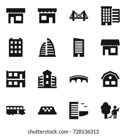 16 vector icon set : shop, bridge, houses, building, skyscraper, modular house, house, bus, taxi, hotel, garden cleaning