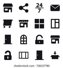 16 vector icon set : shop, share, 24/7, mail, delivery, window, door, arch window, unlock, unlocked, package