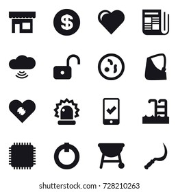 16 vector icon set : shop, dollar, heart, newspaper, cloud wireless, unlock, mobile checking, pool, sickle