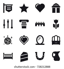16 vector icon set : shop signboard, star, heart, gift, equalizer, column, bridge, disco ball, heart pendant, mirror, dresser, crib, horseshoe, jug