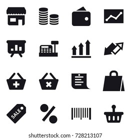 16 vector icon set : shop, coin stack, wallet, statistic, presentation, cashbox, graph up, up down arrow, add to basket, delete cart, shopping list, shopping bag, sale label, percent, barcode