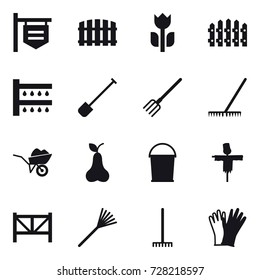 16 vector icon set : shop signboard, fence, watering, shovel, fork, rake, wheelbarrow, pear, bucket, scarecrow, farm fence, gloves