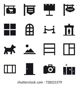 16 vector icon set : shop signboard, billboard, window, arch window, vip fence, detector, dog, landscape, rack, door, clean  window
