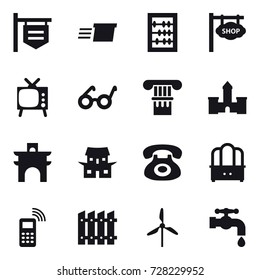 16 vector icon set : shop signboard, delivery, abacus, tv, column, castle, arch, japanese house, dresser, fence, windmill, water tap