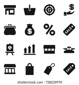 16 vector icon set : shop, basket, target, investment, purse, money bag, percent, sale, presentation, graph up, market, scales, shopping bag, label, sale label