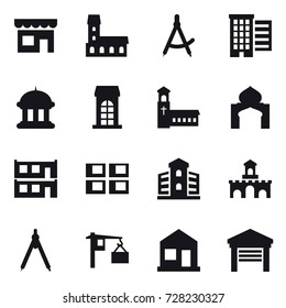 16 vector icon set : shop, mansion, draw compass, houses, goverment house, building, church, minaret, modular house, panel house, fort, drawing compass, home, garage