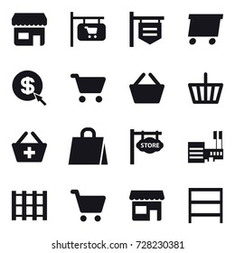16 vector icon set : shop, shop signboard, delivery, dollar arrow, cart, basket, add to basket, shopping bag, store signboard, mall, rack