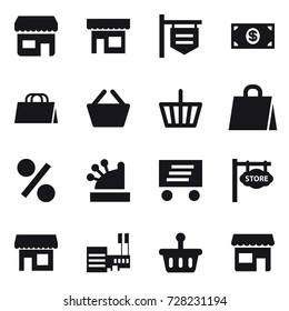 16 vector icon set : shop, shop signboard, money, shopping bag, basket, percent, cashbox, delivery, store signboard, mall