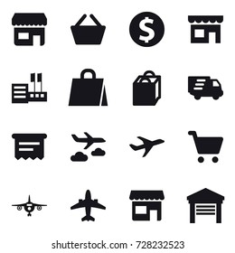 16 vector icon set : shop, basket, dollar coin, store, shopping bag, delivery, atm receipt, journey, plane, airplane, garage