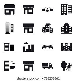 16 vector icon set : shop, drawbridge, houses, skyscrapers, modern architecture, building, district, city, bridge, palace, hotel, sweeper, garden cleaning