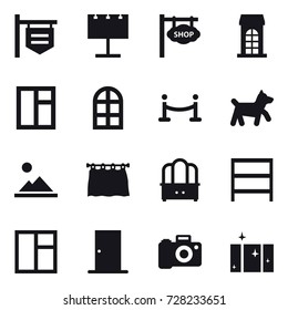 16 vector icon set : shop signboard, billboard, building, window, arch window, vip fence, dog, landscape, curtain, dresser, rack, door, clean  window