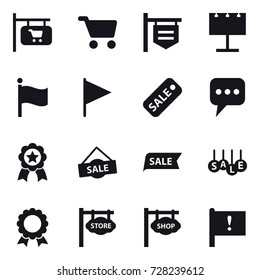 16 vector icon set : shop signboard, cart, billboard, flag, sale, message, medal, store signboard