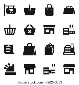 16 vector icon set : shop signboard, basket, shopping bag, delete cart, shop, store, shopping list, cashbox, mall
