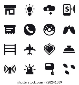 16 vector icon set : shop, bulb, cloude service, mobile pay, atm receipt, phone, donut, airplane, heart pendant, service bell, seeds