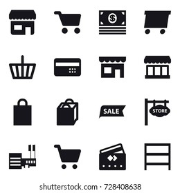 16 vector icon set : shop, cart, money, delivery, basket, credit card, market, shopping bag, sale, store signboard, mall, rack
