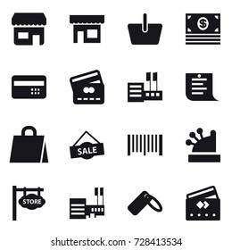 16 vector icon set : shop, basket, money, credit card, store, shopping list, shopping bag, sale, barcode, cashbox, store signboard, mall