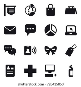 16 vector icon set : shop signboard, circle diagram, shopping bag, mail, message, diagram, notebook, discussion, pass card, bow, label, toilet cleanser