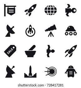 16 vector icon set : shop signboard, rocket, globe, satellite, satellite antenna, telescope, lunar rover, sale label