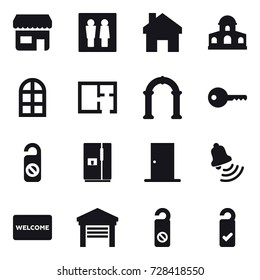 16 vector icon set : shop, wc, home, mansion, arch window, plan, arch, key, do not distrub, fridge, door, bell, welcome mat, garage, please clean