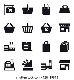 16 vector icon set : shop signboard, basket, shopping bag, delete cart, shop, store, shopping list, cashbox, mall