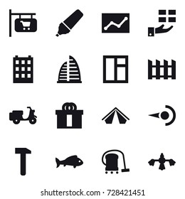 16 vector icon set : shop signboard, marker, statistic, gift, building, skyscraper, window, fence, tent, fish, vacuum cleaner, hard reach place cleaning