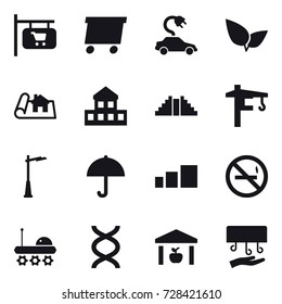 16 vector icon set : shop signboard, delivery, electric car, project, cottage, pyramid, tower crane, outdoor light, no smoking, warehouse, hand dryer