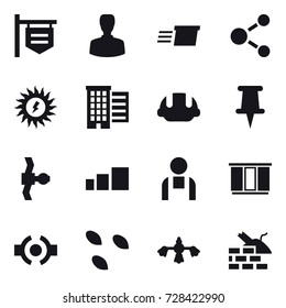 16 vector icon set : shop signboard, man, delivery, molecule, sun power, houses, building helmet, wardrobe, seeds, hard reach place cleaning, construct garbage