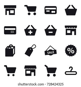 16 vector icon set : shop, cart, card, basket, credit card, add to basket, remove from basket, shopping bag, label, sale, percent, hanger