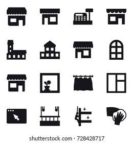 16 vector icon set : shop, cashbox, mansion, cottage, arch window, flower in window, curtain, window, skyscapers cleaning, skyscrapers cleaning, wiping