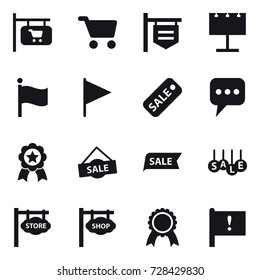 16 vector icon set : shop signboard, cart, billboard, flag, sale, message, medal, store signboard